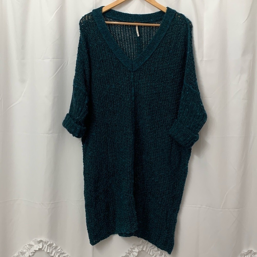 Free‎ People Teal Green Chunky Open Knit V-Neck Oversized Sweater Dress Small